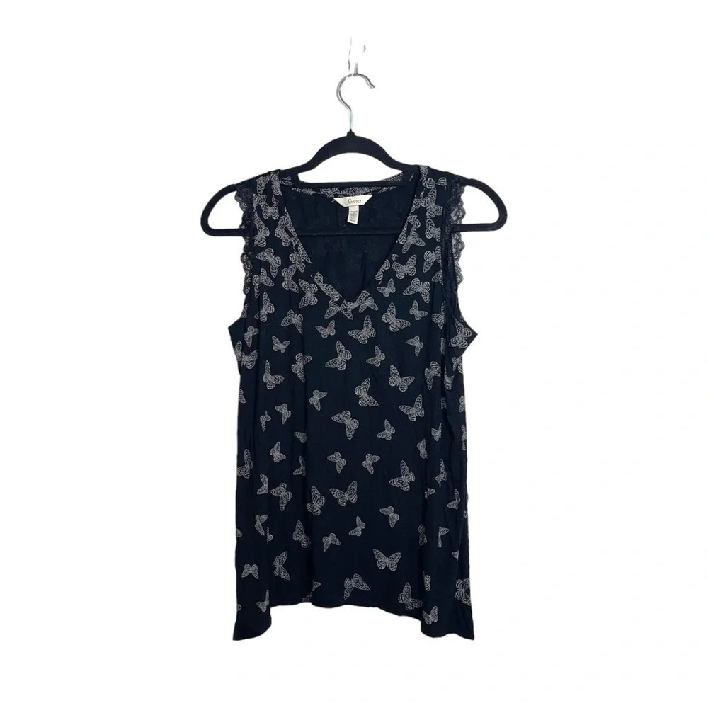 Soma Black & White Butterfly Print Lace Trim Swing Tank Top Small Women’s